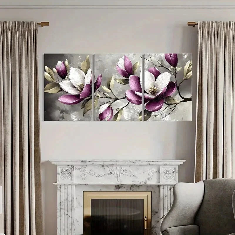 3pcs Set of Elegant Magnolia Floral Metal Print Ready to Hang Art - Bella Home Decor