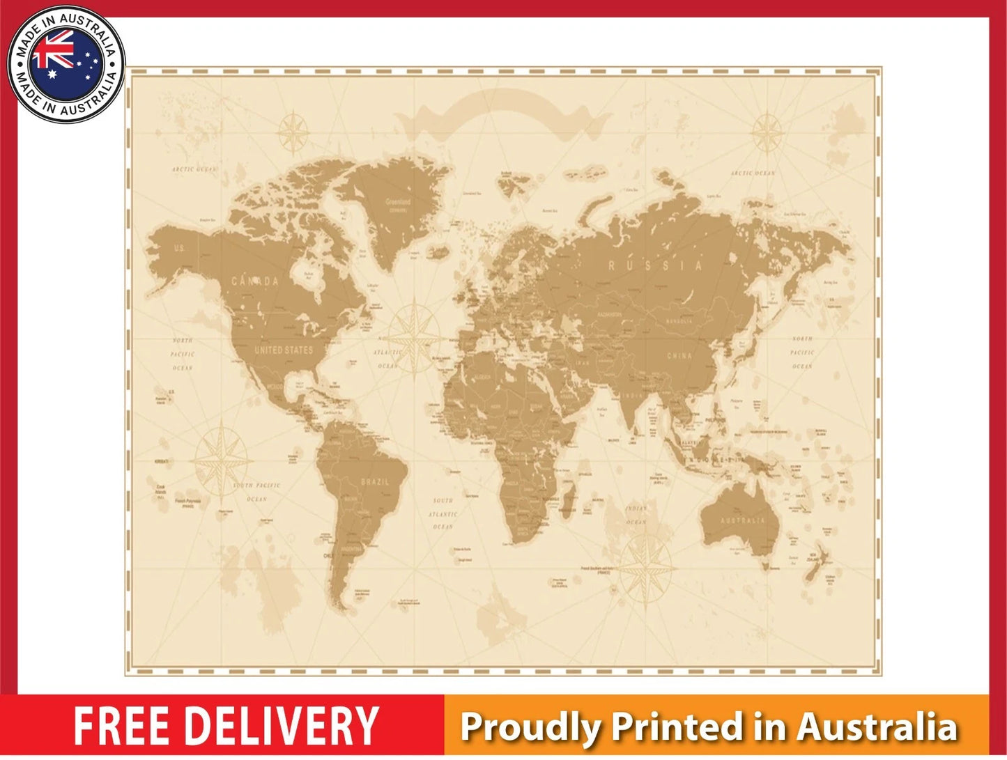 Old Vintage Retro World Map with details 91x61cm poster AU