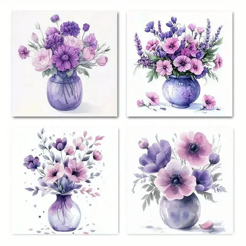 4pcs Purple Flower Arrangements In Vases Theme Wall Art Canvas Framed