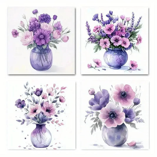 4pcs Purple Flower Arrangements In Vases Theme Wall Art Canvas Framed