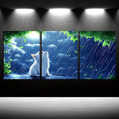 3pcs White Cat in Rain Animal Theme Design Metal Print Ready to Hang Art - Bella Home Decor