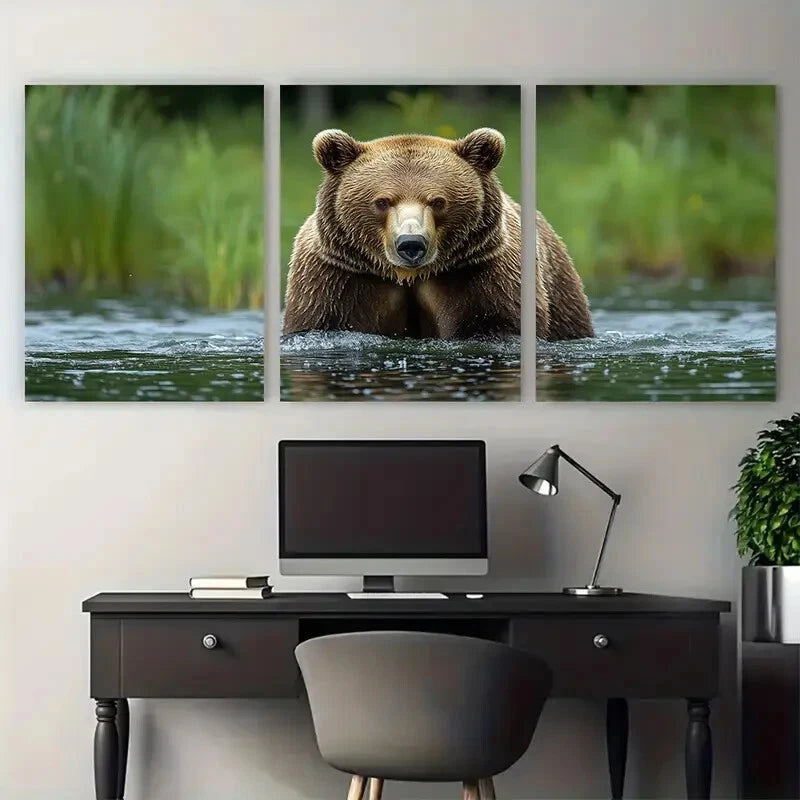 3pcs Humorous Brown Bear Lake Scene Metal Print Ready to Hang Art - Bella Home Decor