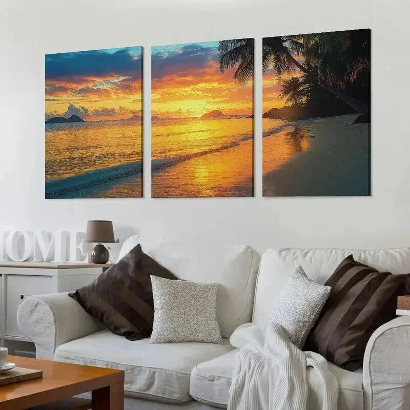 3pcs Tropical Beach Sunset with Palm Trees Wall Art Set Canvas Framed 60x90cm - High Quality Print 100% Australian Made Wall Canvas Ready to Hang