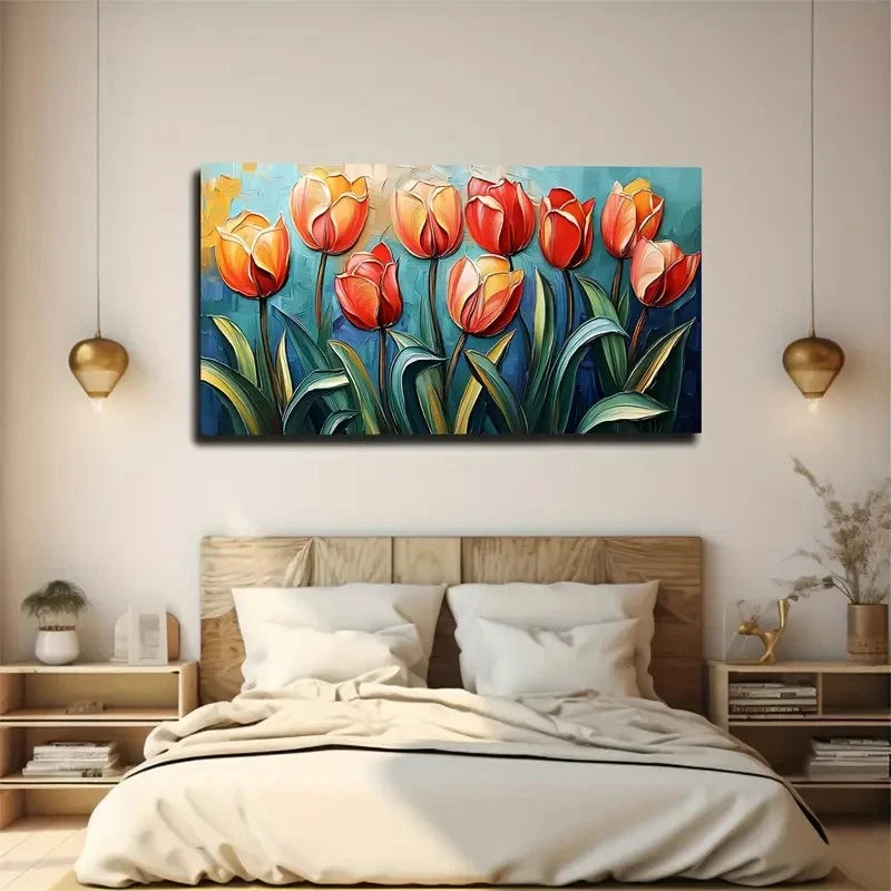 Vibrant Red Tulips On Blue Back Wall Art Canvas Office Home Room Framed 120x60cm