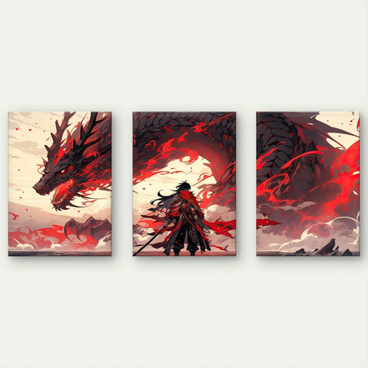 3pcs Epic Fantasy Red Dragon and Warrior Anime Wall Art Set Canvas Framed 40x60cm - High Quality Print 100% Australian Made Wall Canvas Ready to Hang