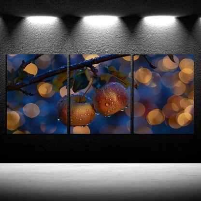 3pcs Apples with Water Droplets on Branches Design Metal Print Ready to Hang Art - Bella Home Decor