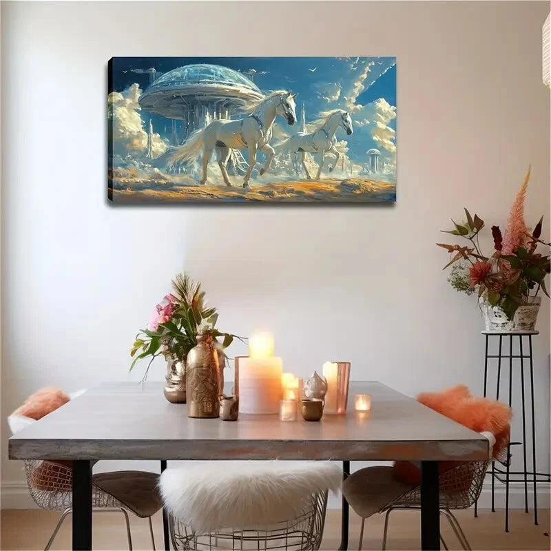 Futuristic White Horses Running Wall Art Canvas Office Home Room Framed 120x60cm - Bella Home Decor