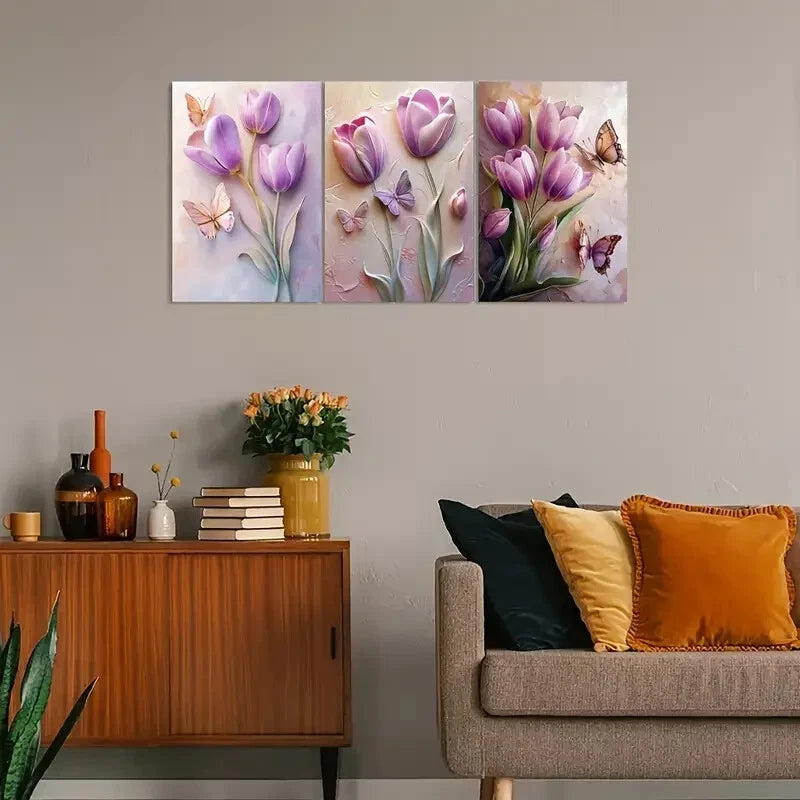 3pcs Purple Tulip And Butterfly Decoration Metal Print Ready to Hang Art - Bella Home Decor
