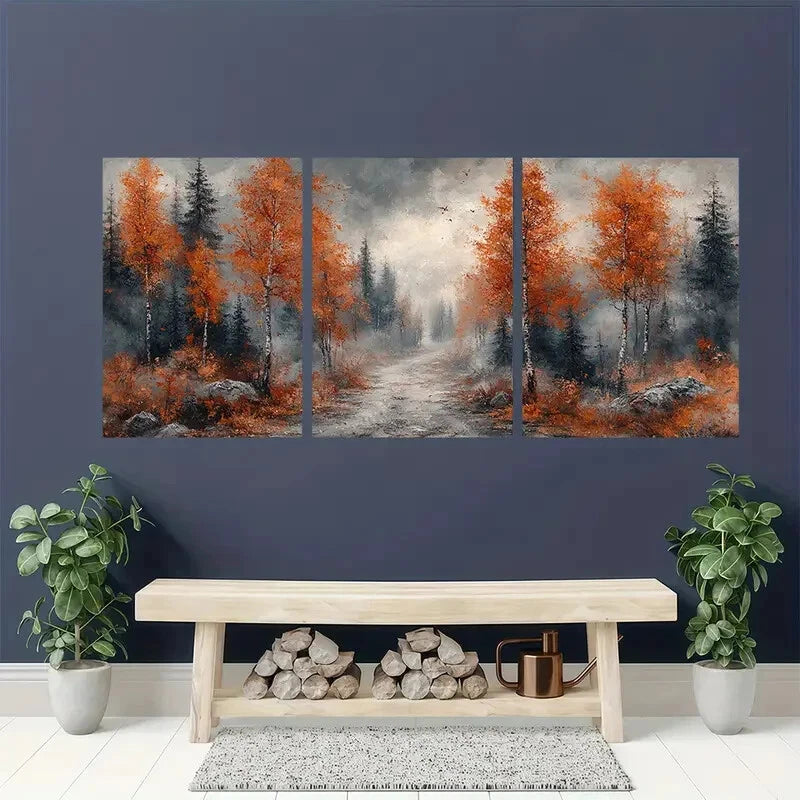 3pcs Autumn Forest Winding Trail Nature Painting Metal Print Ready to Hang Art - Bella Home Decor