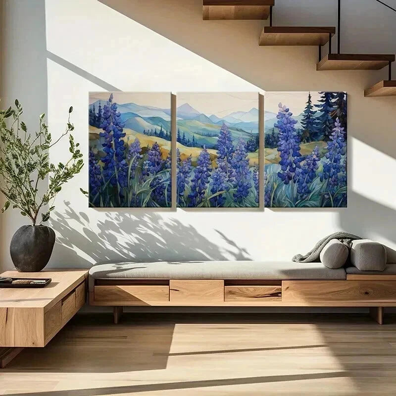 3pcs Mountain Landscape Blue Lupine Flowers Wall Art Set Canvas Framed 50x70cm - High Quality Print 100% Australian Made Wall Canvas Ready to Hang - Bella Home Decor