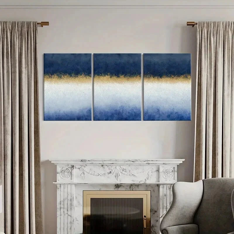 3pcs Blue White Golden Abstract Gradient Wall Art Metal Print Ready to Hang Art - Bella Home Decor