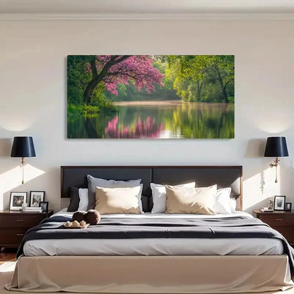 Cherry Blossom Serene Lake Wall Art Canvas Office Home Room Framed 120x60cm - Bella Home Decor
