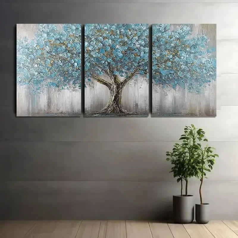3pcs Abstract Tree with Blue Leaves Metal Print Ready to Hang Art - Bella Home Decor