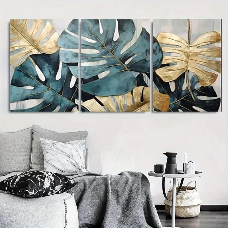 3pcs Vibrant Teal & Golden Palm Leaf Wall Art Set Canvas Framed 60x90cm - High Quality Print 100% Australian Made Wall Canvas Ready to Hang