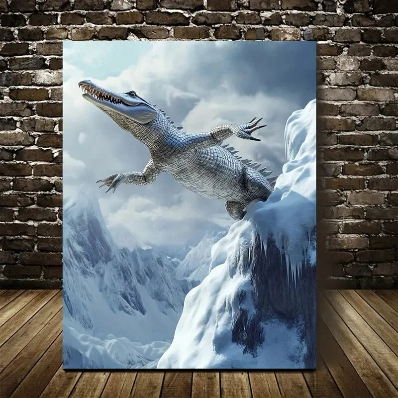 Crocodile Leaping On Snowy Mountain Painting 40x60cm Metal Print Ready to Hang - Bella Home Decor