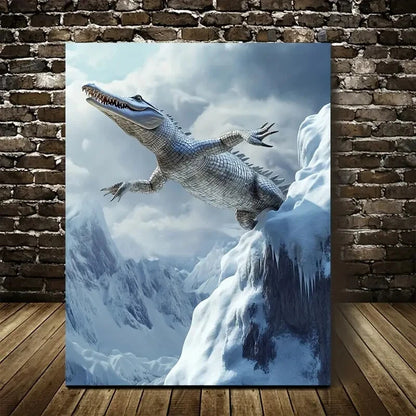 Crocodile Leaping On Snowy Mountain Painting 40x60cm Metal Print Ready to Hang - Bella Home Decor