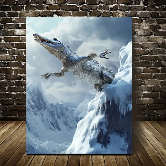 Crocodile Leaping On Snowy Mountain Painting 40x60cm Metal Print Ready to Hang - Bella Home Decor