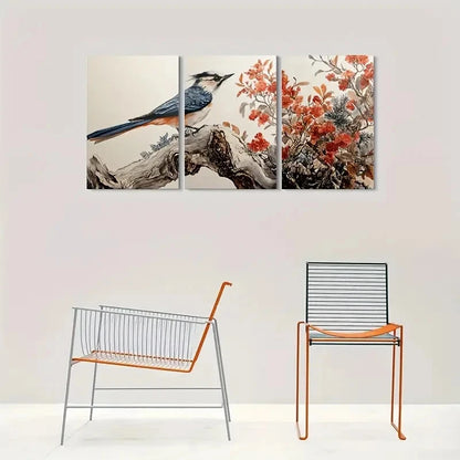 3pcs Bird on Branch with Red Flowers Nature Wall Art Set Canvas Framed 40x60cm - High Quality Print 100% Australian Made Wall Canvas Ready to Hang - Bella Home Decor