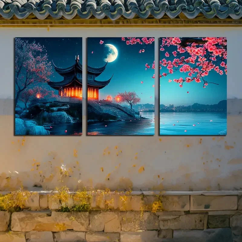 3pcs Ancient Pagoda by Moonlight Scenery Metal Print Ready to Hang Art - Bella Home Decor