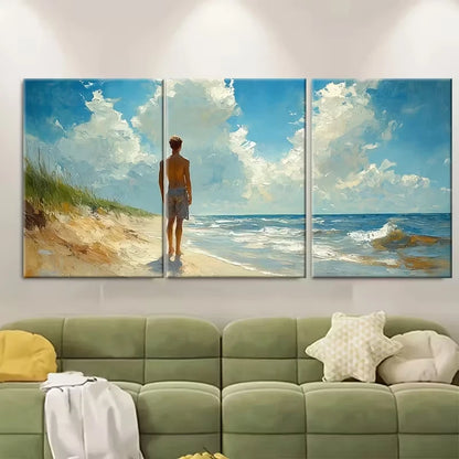 3pcs Male Figures Art Painting Beach Metal Print Ready to Hang Art