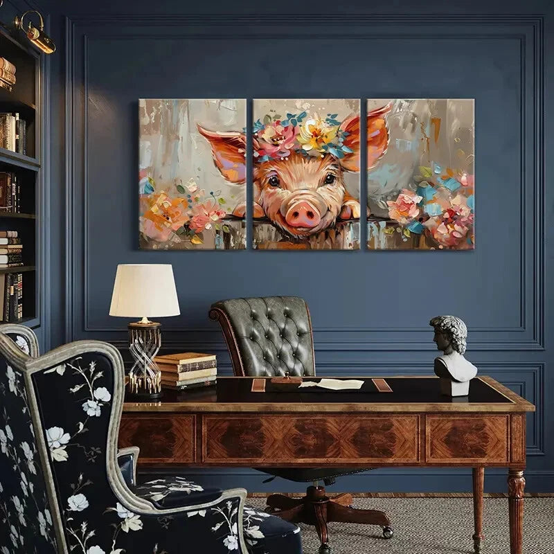 3pcs Pig Floral Crown Abstract Animal Art Metal Print Ready to Hang Art - Bella Home Decor