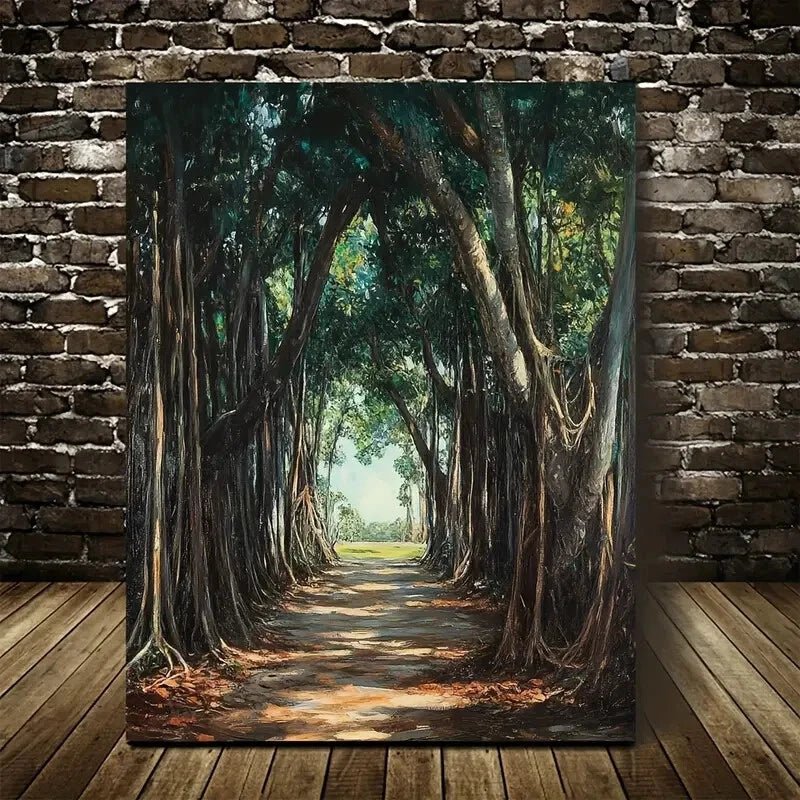 Vibrant Banyan Tree Forest Scene Painting 40x60cm Metal Print Ready to Hang - Bella Home Decor