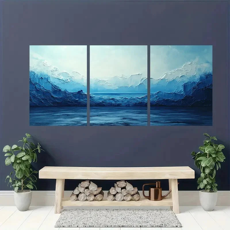 3pcs Abstract Blue & White Minimalist Metal Print Ready to Hang Art - Bella Home Decor