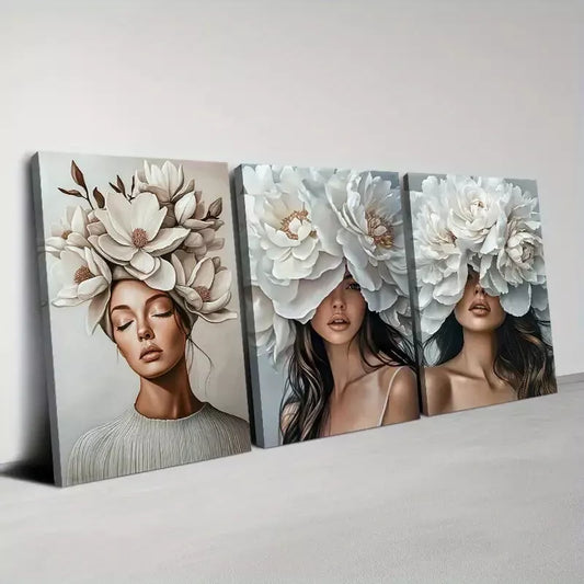 3pcs Cute Women with Flowers headdress Wall Art Set Canvas Framed 50x70cm - High Quality Print 100% Australian Made Wall Canvas Ready to Hang