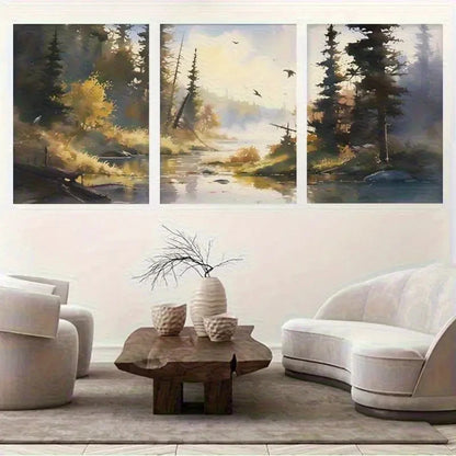 3pcs Forest Stream Serene Sunrise with Misty Trees Metal Print Ready to Hang Art - Bella Home Decor
