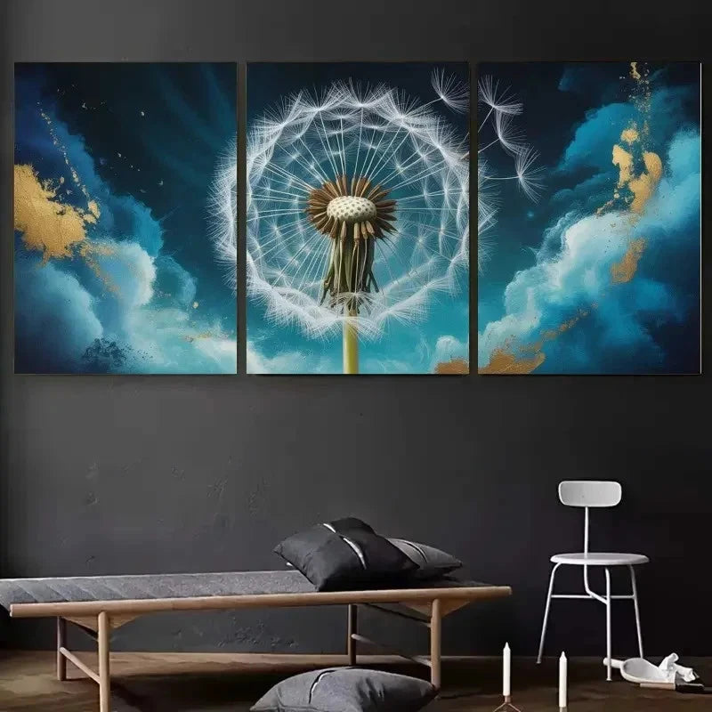 3pcs Dandelion Blue Abstract Decorations Painting Metal Print Ready to Hang Art - Bella Home Decor