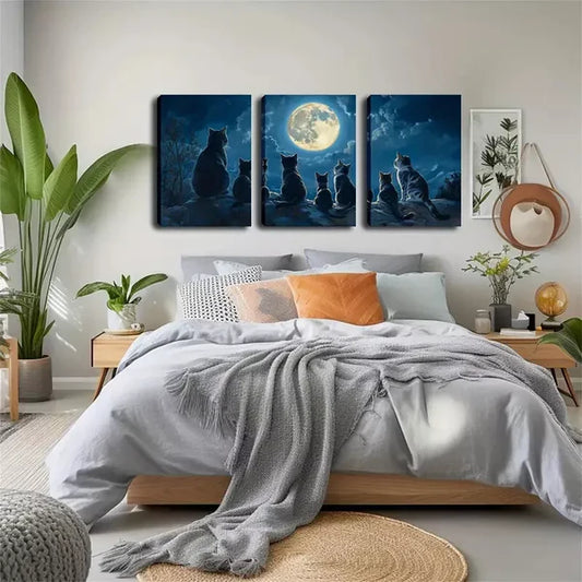 3pcs A Group Of Cats Looking At The Stars Wall Art Set Canvas Framed 60x90cm - High Quality Print 100% Australian Made Wall Canvas Ready to Hang