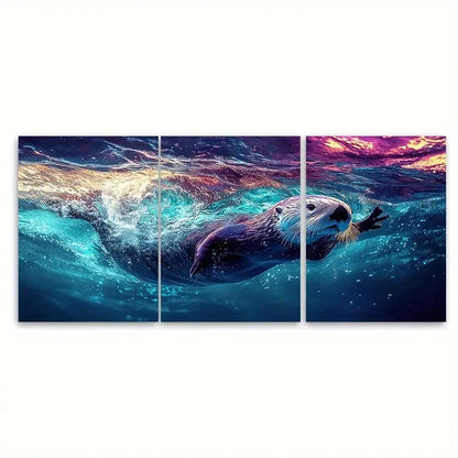 3pcs Cute Sea Otter Swimming in Blue Water Wall Art Set Canvas Framed 60x90cm - High Quality Print 100% Australian Made Wall Canvas Ready to Hang - Bella Home Decor