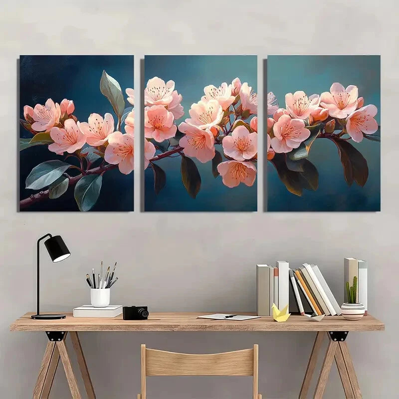 3pcs Pink & White Flowers with Green Leaves Metal Print Ready to Hang Art - Bella Home Decor