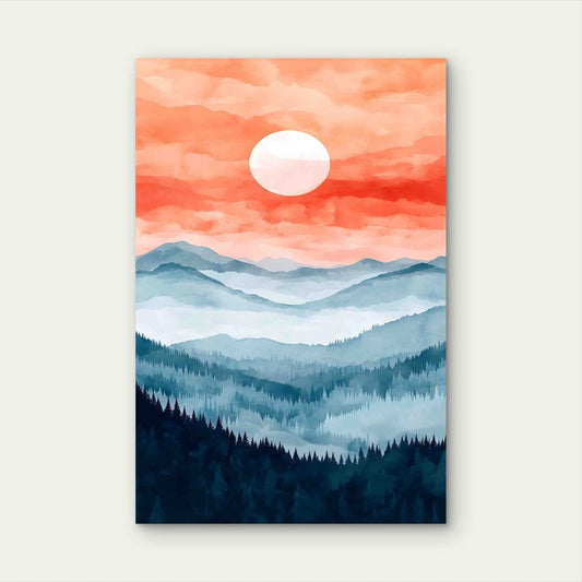 Watercolor Sunset Misty Mountains 40x60cm Metal Print Ready to Hang