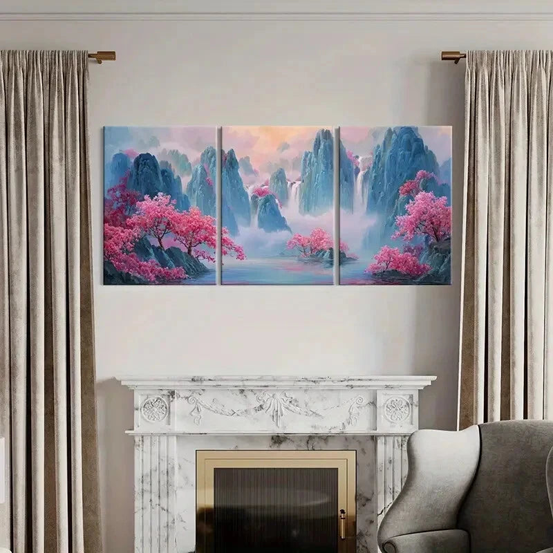3pcs Artistic Landscape Painting Pink Blossoms Metal Print Ready to Hang Art - Bella Home Decor