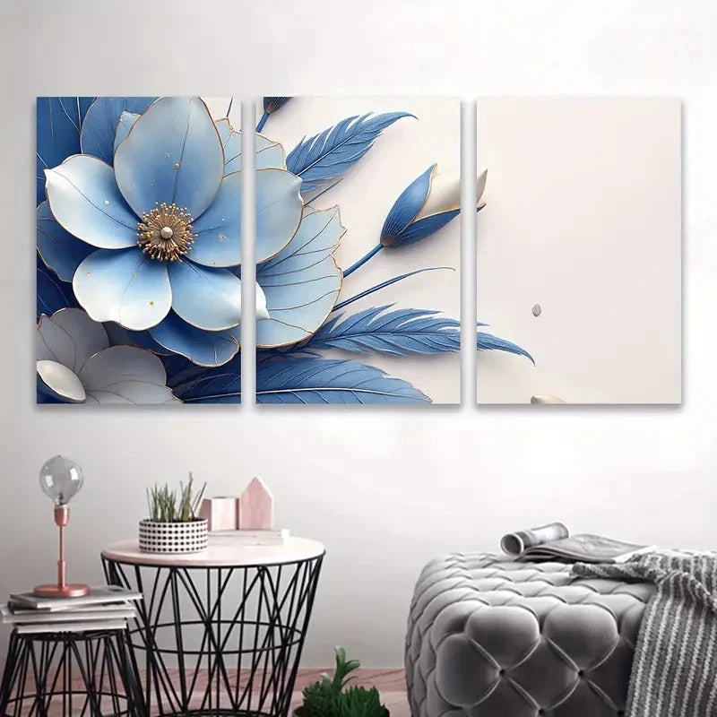 3pcs Blue Abstract Flowers Painting Wall Art Set Canvas Framed 40x60cm - High Quality Print 100% Australian Made Wall Canvas Ready to Hang - Bella Home Decor