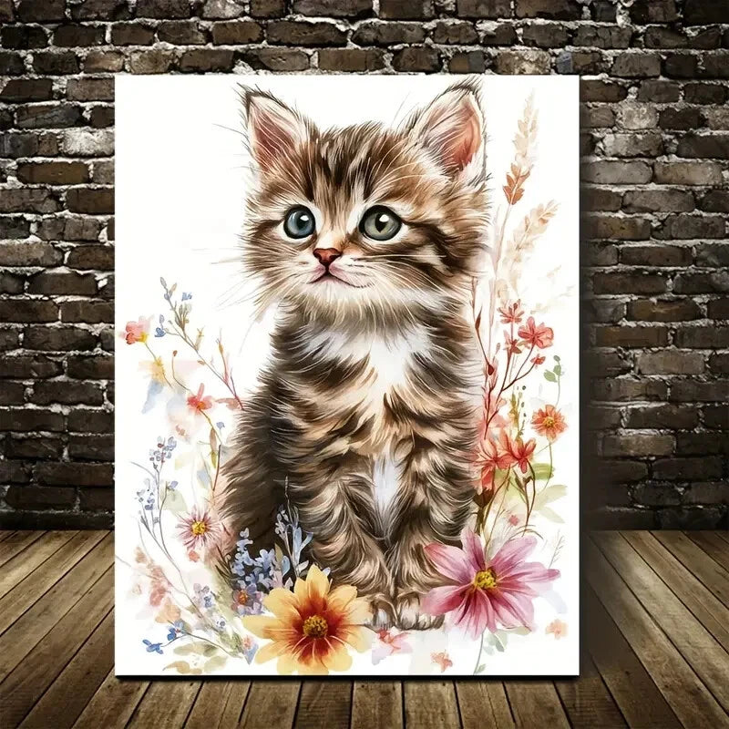 Cute Tabby Kitten with Flowers and Plants Painting 40x60cm Metal Print Ready to Hang - Bella Home Decor