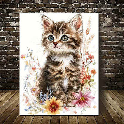 Cute Tabby Kitten with Flowers and Plants Painting 40x60cm Metal Print Ready to Hang - Bella Home Decor