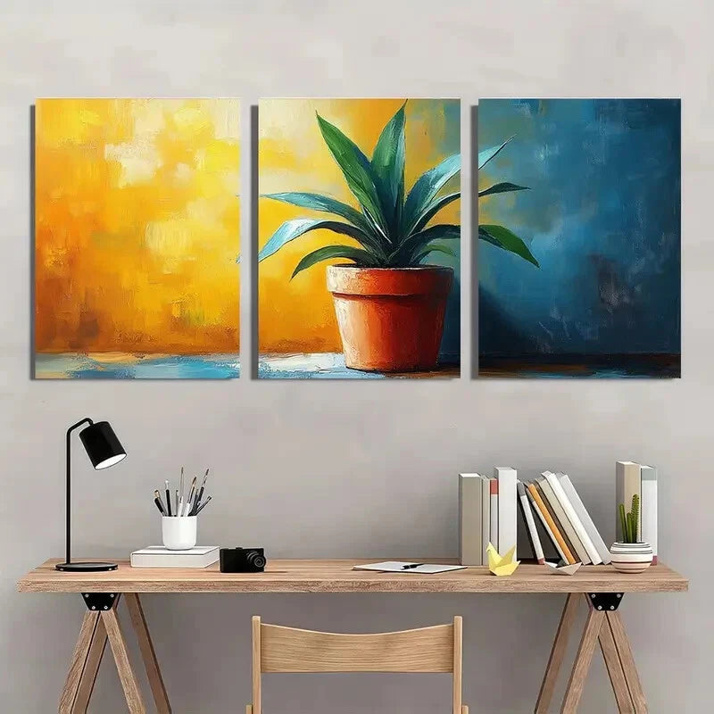 3pcs Vibrant Abstract Potted Plant Theme Metal Print Ready to Hang Art - Bella Home Decor