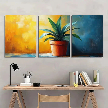 3pcs Vibrant Abstract Potted Plant Theme Metal Print Ready to Hang Art - Bella Home Decor