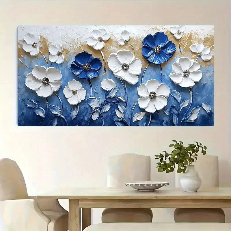 Abstract Blue And White Floral Wall Art Canvas Office Home Room Framed 120x60cm