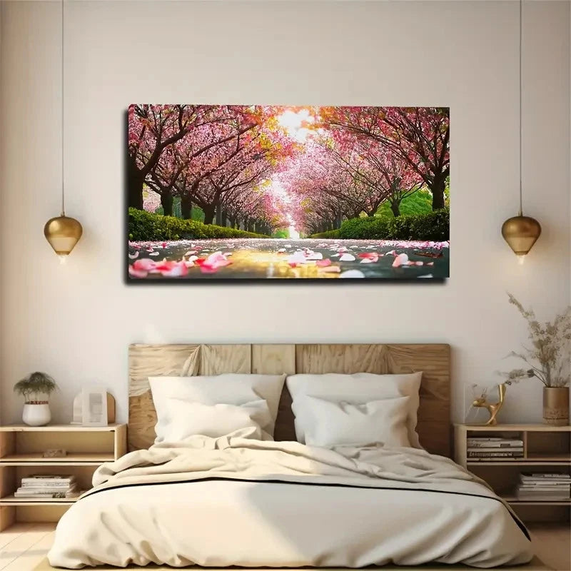 Vibrant Cherry Blossom & Road Wall Art Canvas Office Home Room Framed 120x60cm