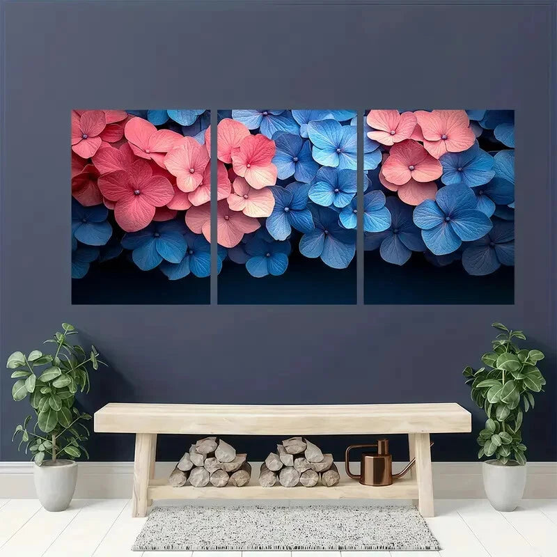 3pcs Hydrangea Flower Pink & Blue Floral Wall Art Metal Print Ready to Hang Art - Bella Home Decor