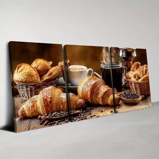 3pcs Delicious Fashionable Coffee And Croissant Art Set Canvas Framed 50x70cm - High Quality Print 100% Australian Made Wall Canvas Ready to Hang
