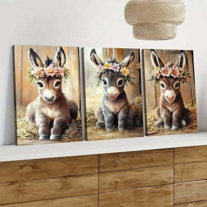 3pcs Cute Baby Big Eyes Donkey Florals & Leaves Wall Art Set Canvas Unframed - High Quality Print 100% Australian Made Wall Canvas - Bella Home Decor