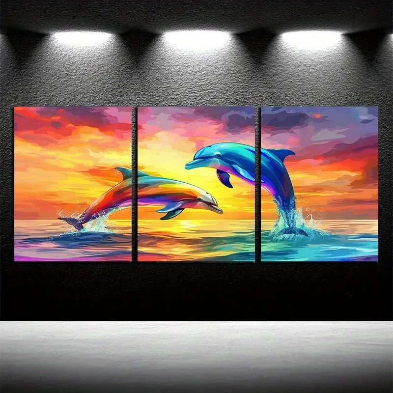 3pcs Vibrant Dolphin Ocean Life Illustration Metal Print Ready to Hang Art