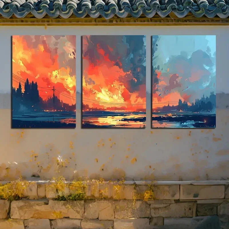 3pcs Vibrant Sunset Sky Landscape Illustration Metal Print Ready to Hang Art - Bella Home Decor