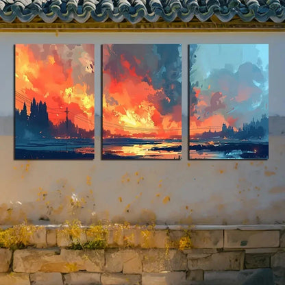 3pcs Vibrant Sunset Sky Landscape Illustration Metal Print Ready to Hang Art - Bella Home Decor