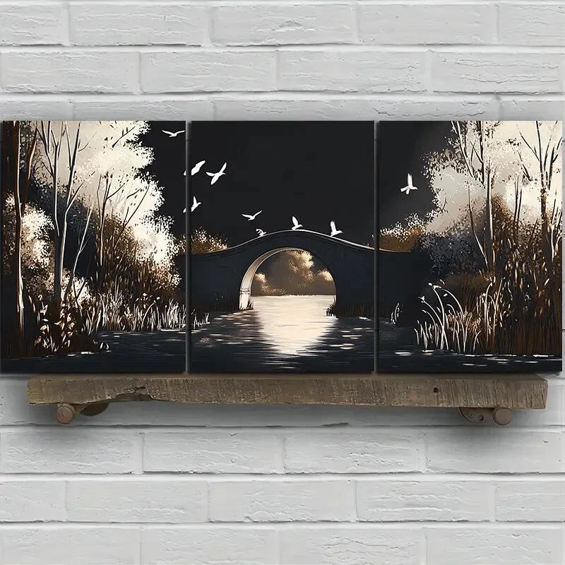 3pcs Beautiful Arch Bridge White Birds Metal Print Ready to Hang Art - Bella Home Decor