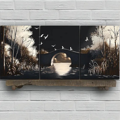3pcs Beautiful Arch Bridge White Birds Metal Print Ready to Hang Art - Bella Home Decor